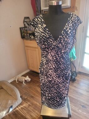 Ralph Lauren Black and White Abstract V-Neck Midi Dress